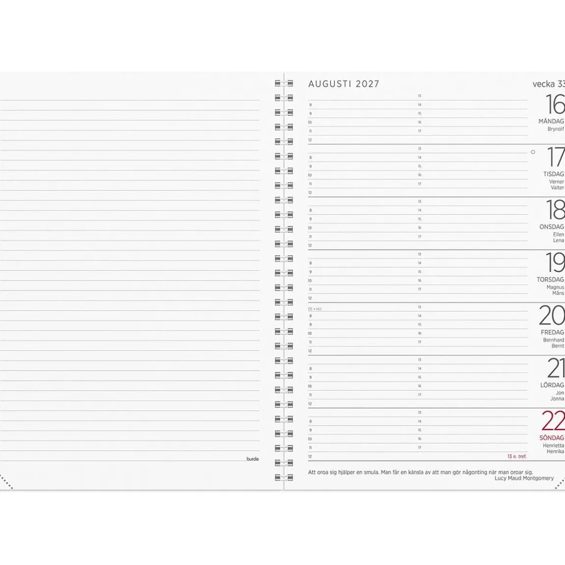 Almanacka Burde 5809 Stor Veckokalender 2027 Svart A5