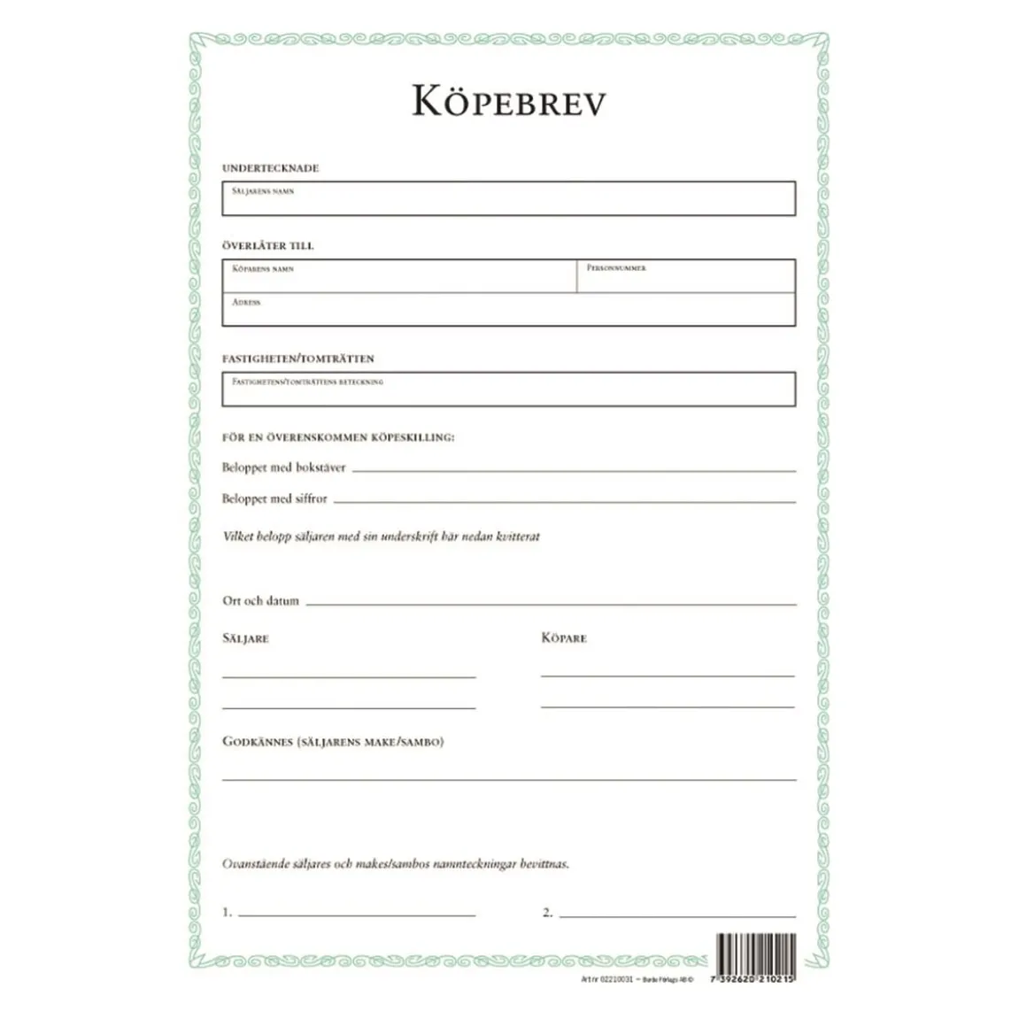 Blankett Köpebrev Fastighet/Tomträtt A4