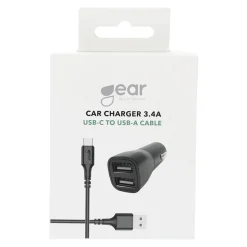 Ciggladdare Gear 12/24V 2xUSB-A 3.4A Kabel USB-A till USB-C 2.0 1m Svart