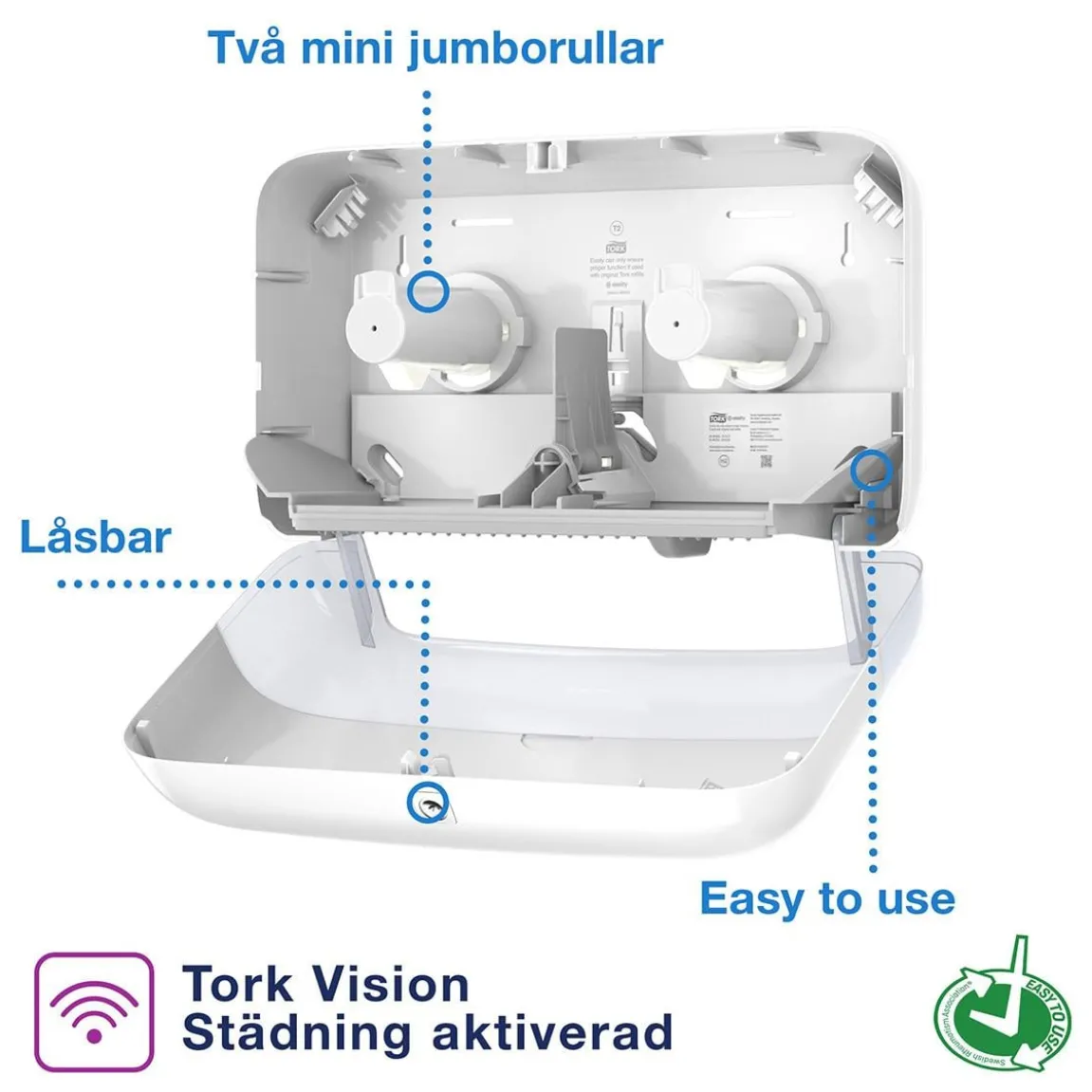 Dispenser Toalettpapper Tork T2 Mini Jumbo Twin Vit