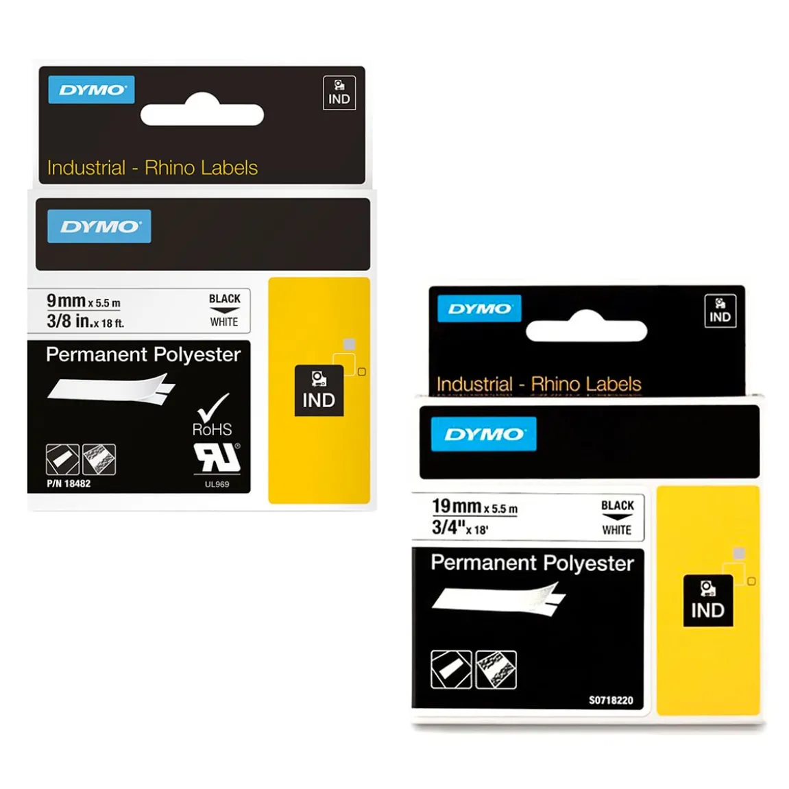 Märkband Dymo Rhino Polyester Permanent 12mm Svart/Vit 5,5m