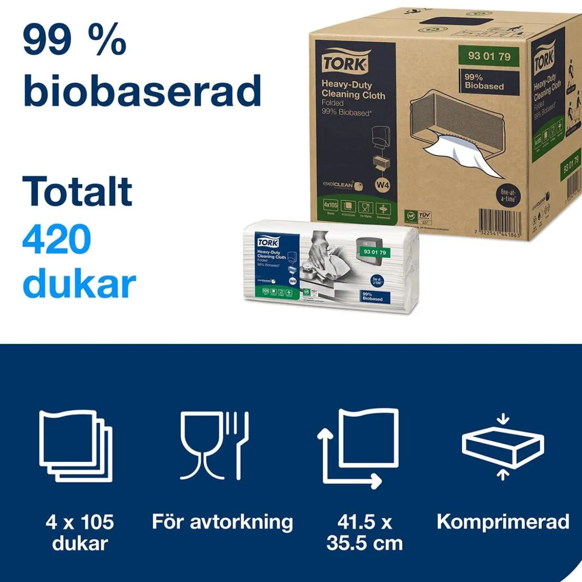Rengöringsduk Tork W4 Kraftig 99% Biobas Vit 36x42cm