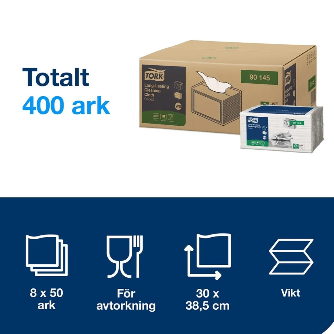 Rengöringsduk Tork W8 Slitstark Vit 30x38,5cm