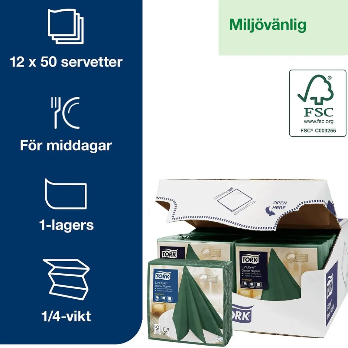 Servett Tork LinStyle Grön 39x39cm