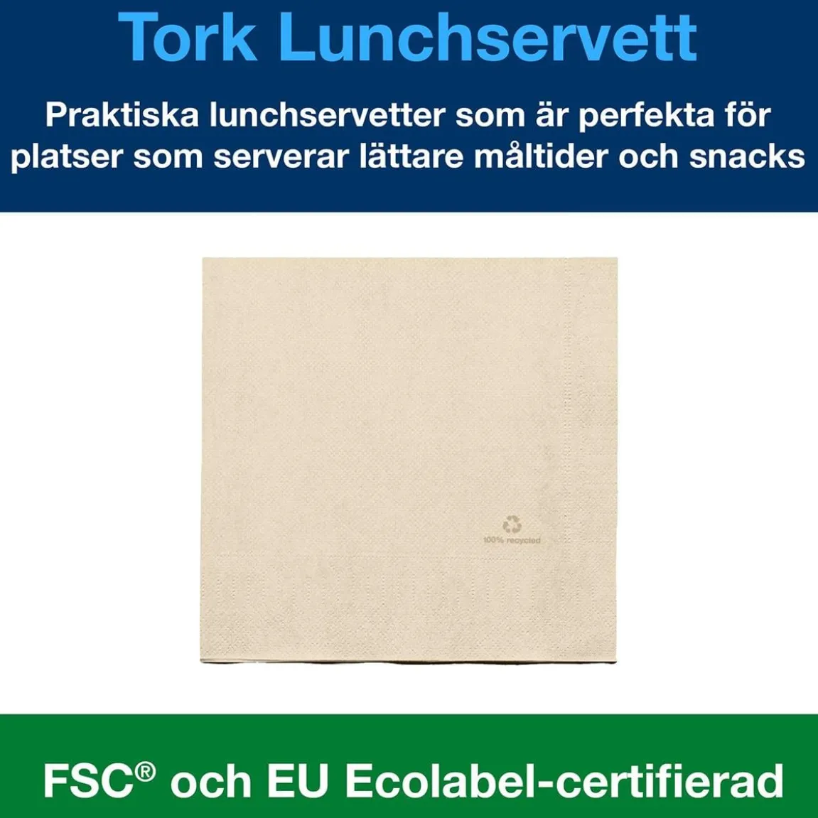 Servett Tork 100% Recycl 2-lag 1/4 vikt Natur 33x33cm