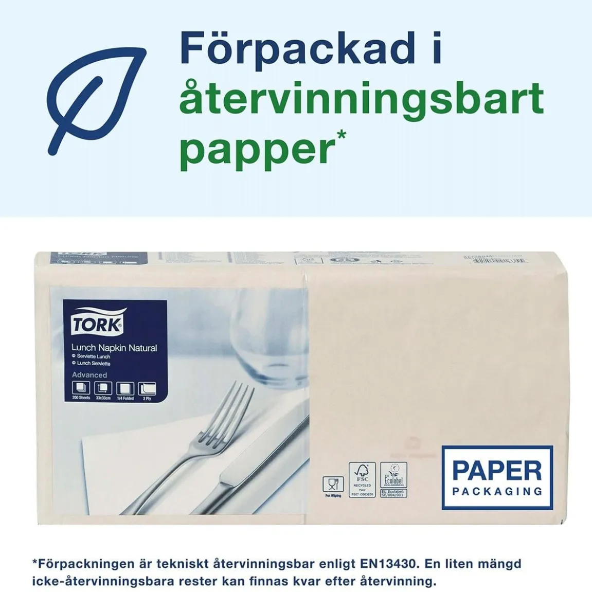 Servett Tork 100% Recycl 2-lag 1/4 vikt Natur 33x33cm