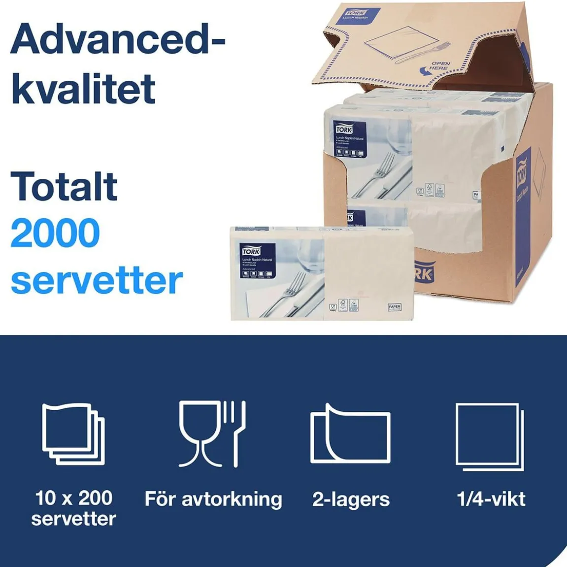 Servett Tork 100% Recycl 2-lag 1/4 vikt Natur 33x33cm