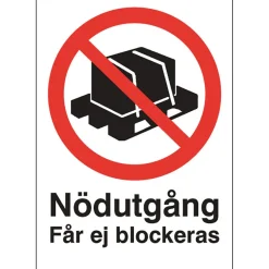 Skylt Nödutgång får ej blockeras A4