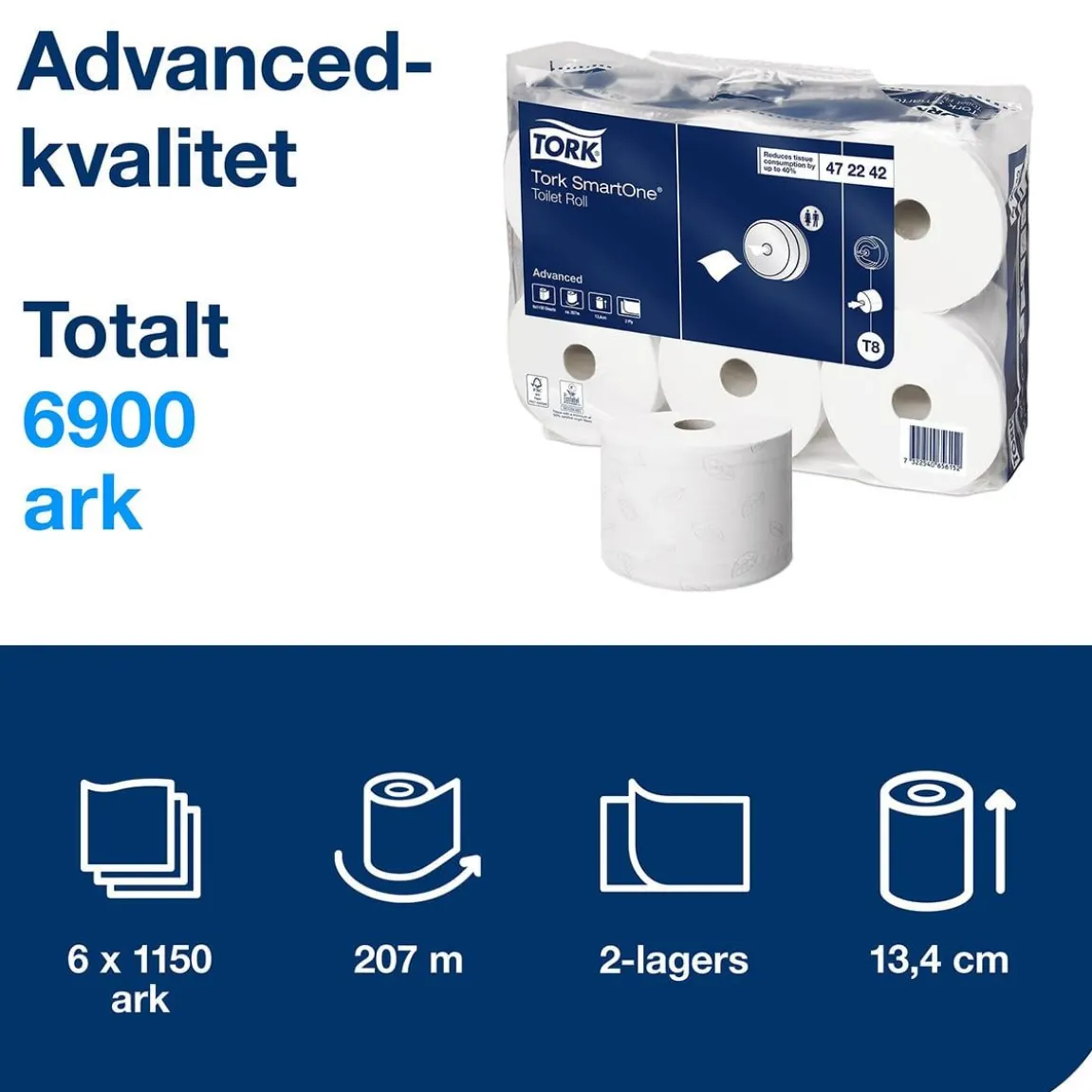 Toalettpapper Tork T8 SmartOne Advanced 2-lg Vit 207m