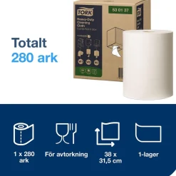 Torkrulle Tork W1/2/3 Kraftig 1-lag Vit 32cmx106m