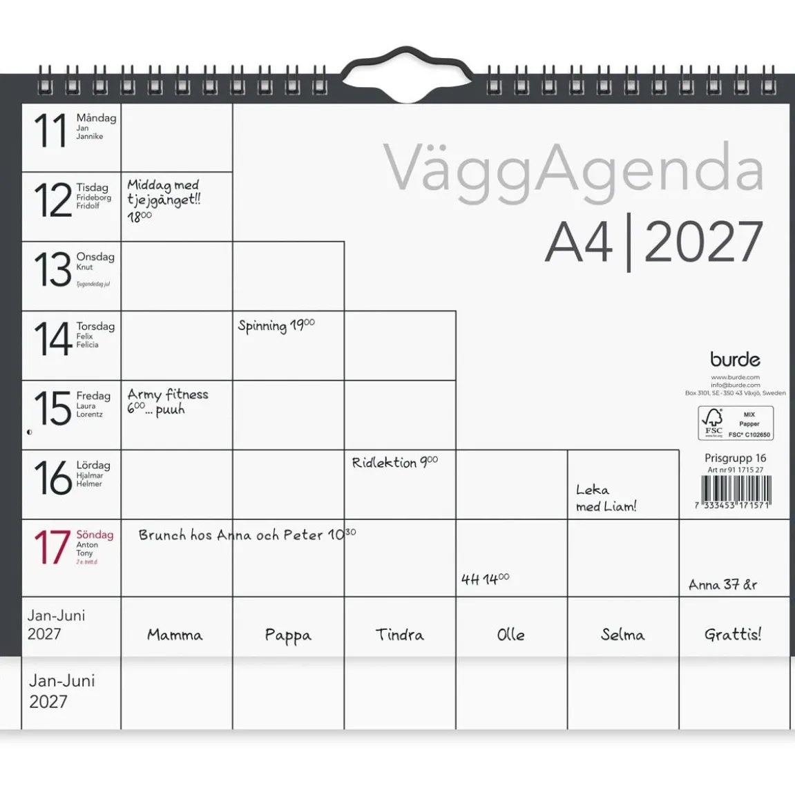 Väggkalender Burde 1715 Väggagenda 2027 A4