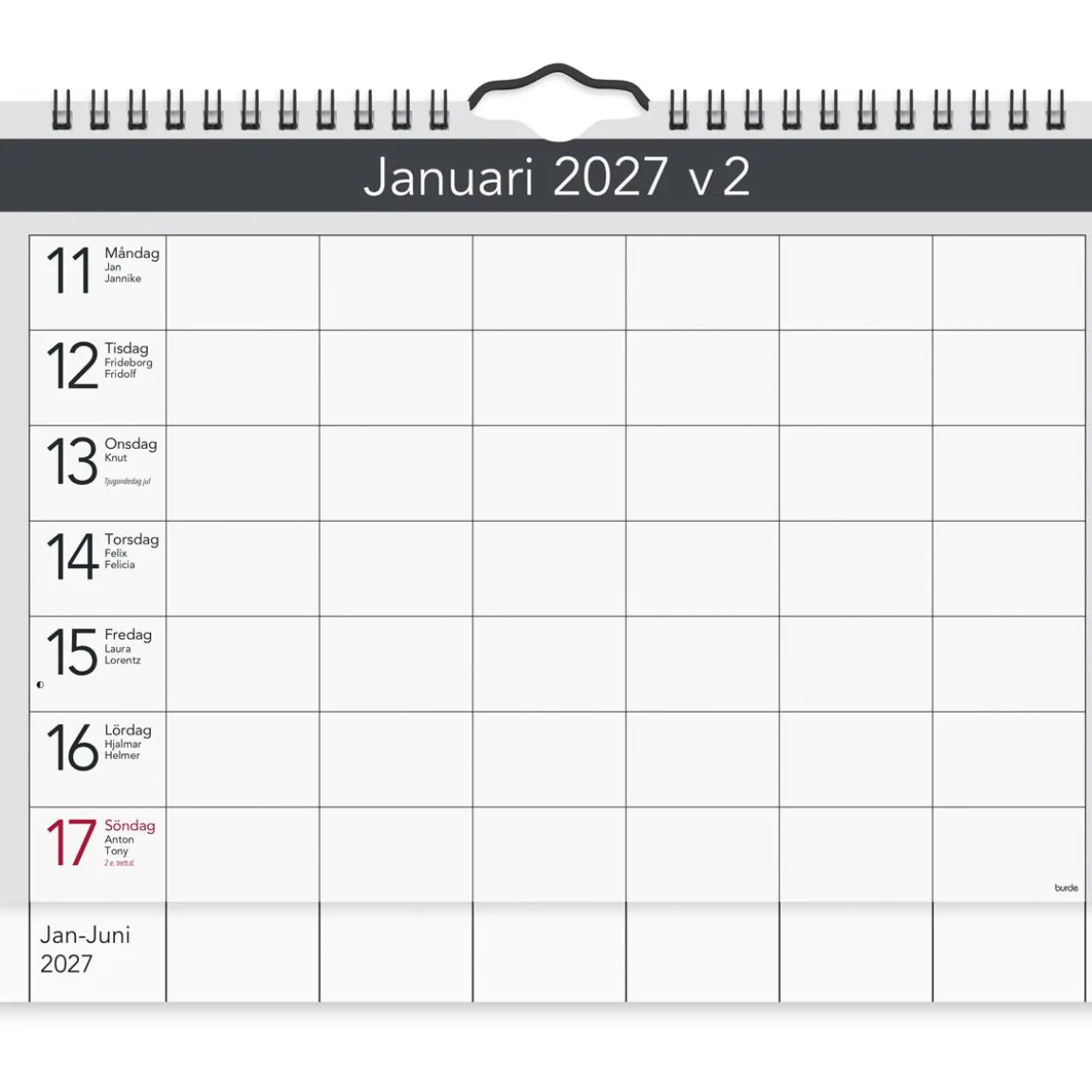 Väggkalender Burde 1715 Väggagenda 2027 A4