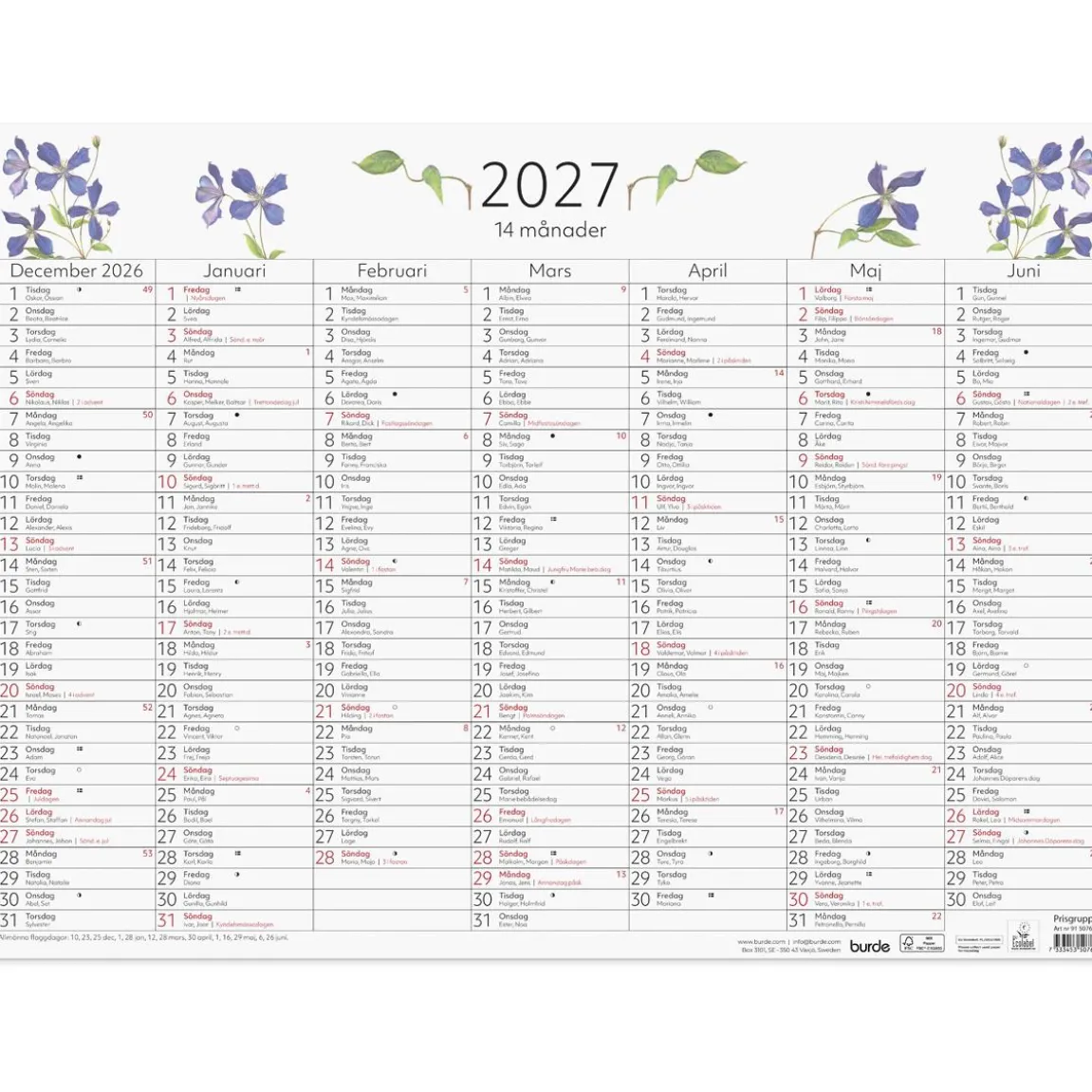 Väggkalender Burde 5076 Väggblad 14-Månaders 2027 490x360mm
